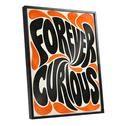 Forever Curious Swirl, black, orange, beige abstract wall art shown as a black framed poster wall art print