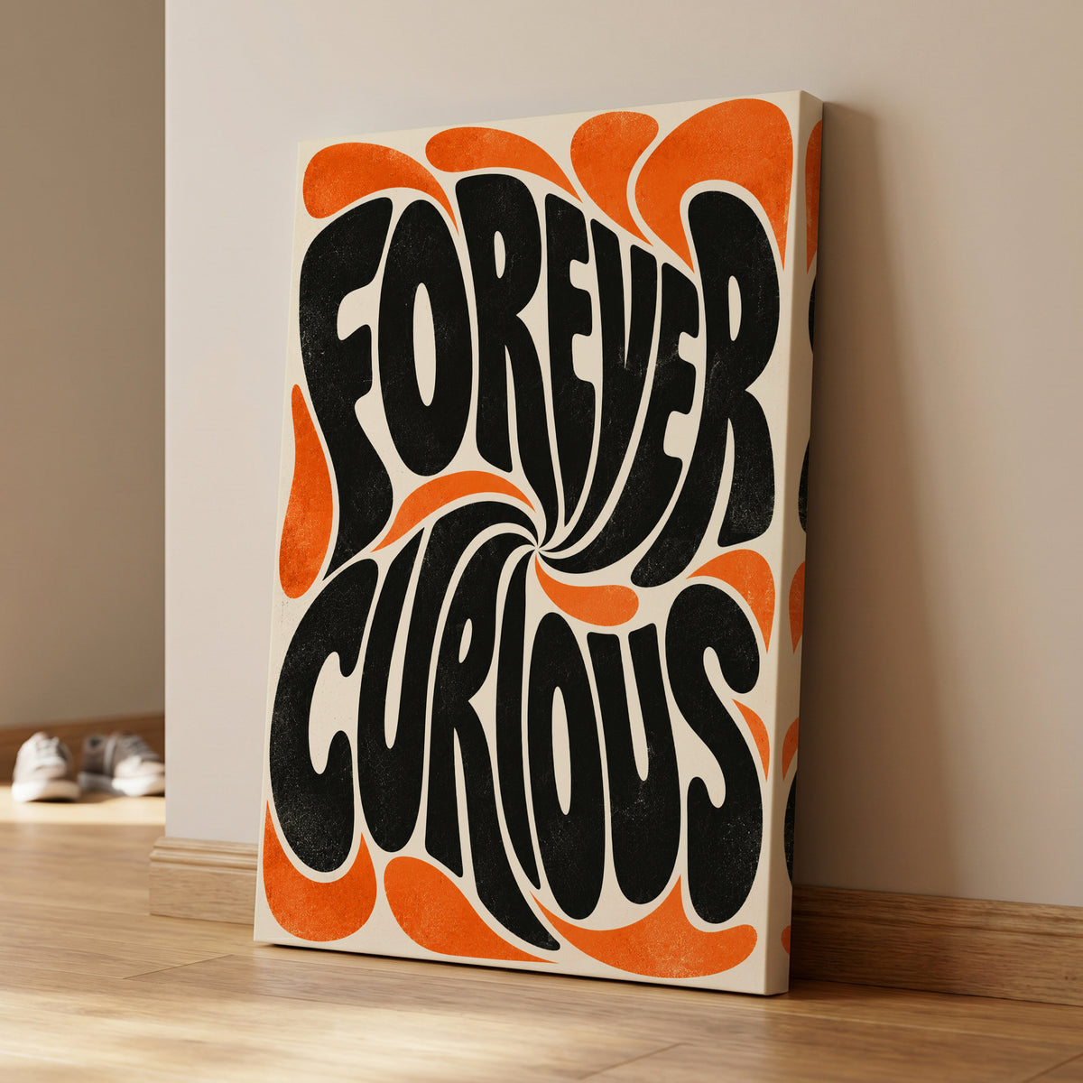 Forever Curious Swirl, black, orange, beige abstract wall art on canvas displayed in a styled interior, gallery view 1