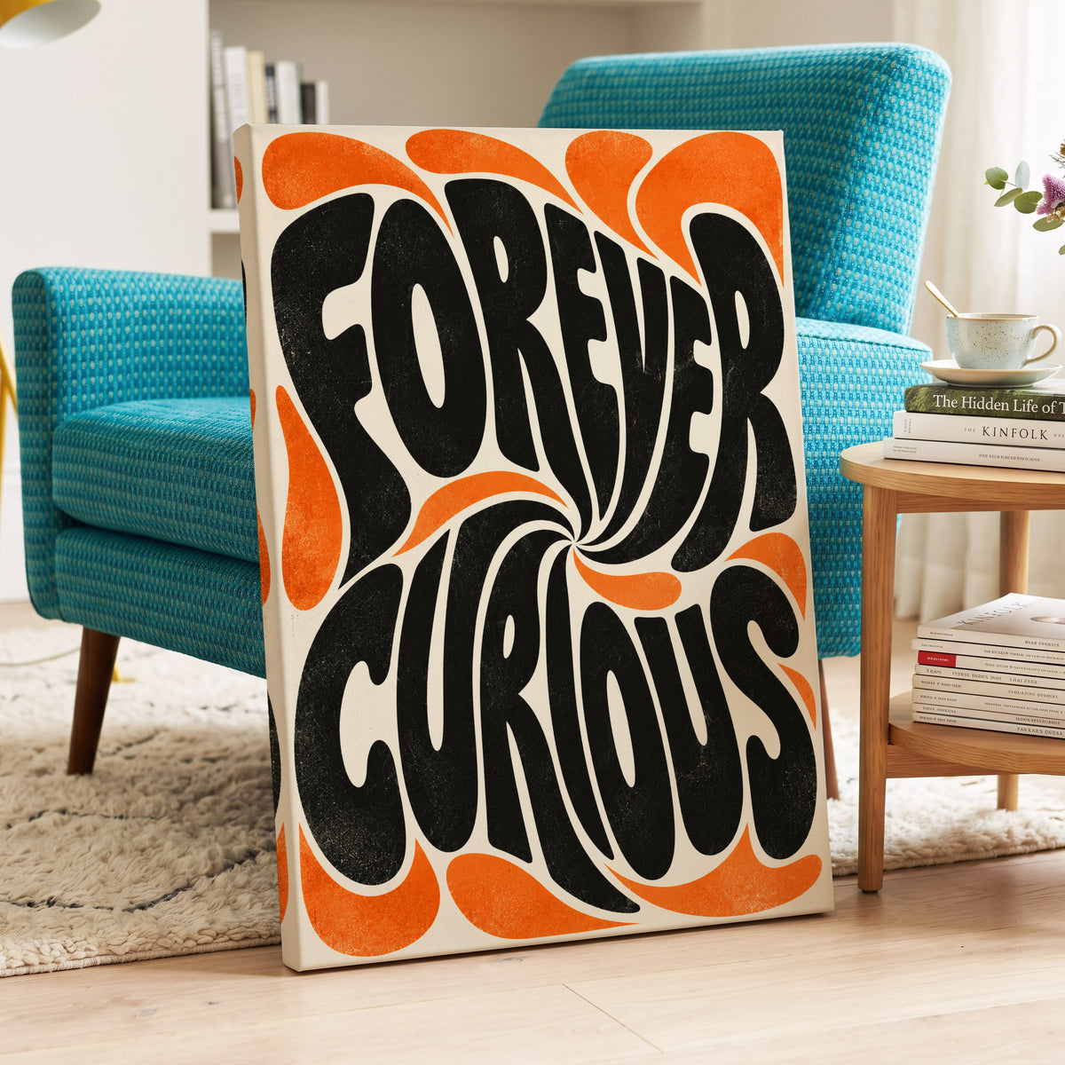 Forever Curious Swirl, black, orange, beige abstract wall art on canvas displayed in a styled interior, gallery view 2