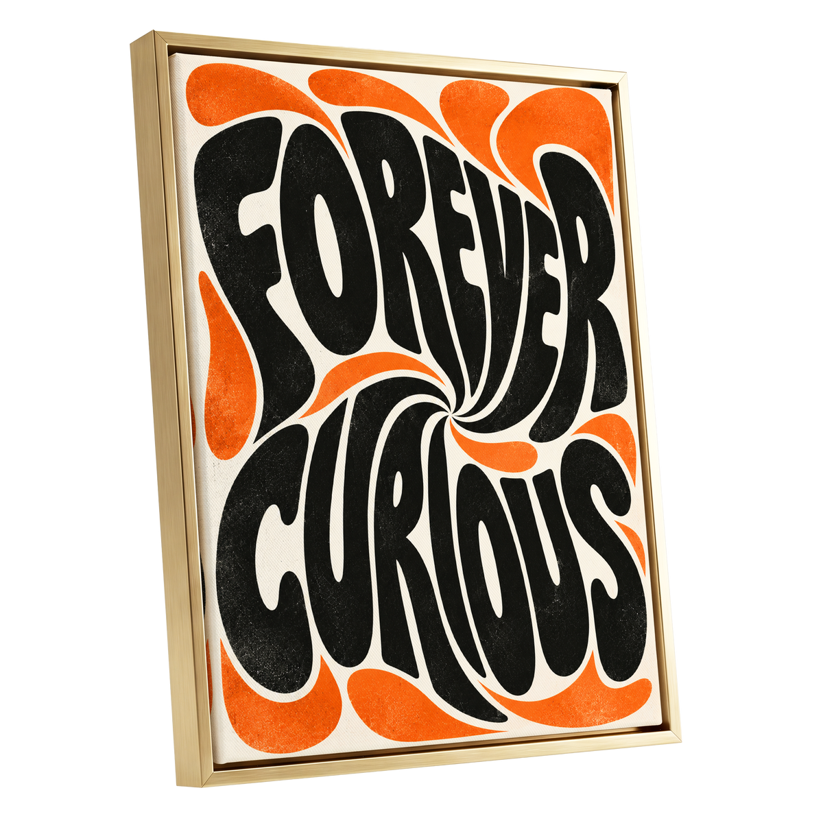 Forever Curious Swirl, black, orange, beige abstract wall art shown as a gold framed canvas wall art