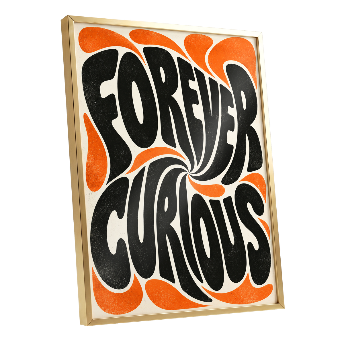 Forever Curious Swirl, black, orange, beige abstract wall art shown as a gold framed poster wall art print