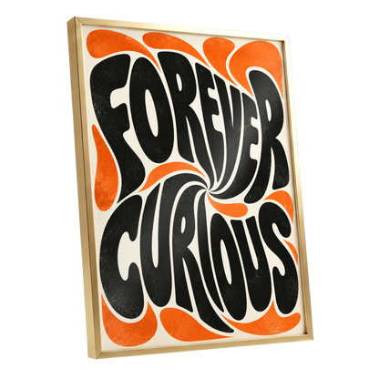 Forever Curious Swirl, black, orange, beige abstract wall art shown as a gold framed poster wall art print