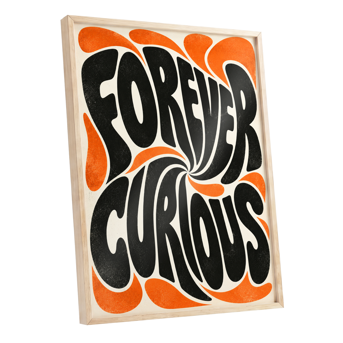 Forever Curious Swirl, black, orange, beige abstract wall art shown as a oak framed poster wall art print