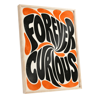 Forever Curious Swirl, black, orange, beige abstract wall art shown as a oak framed poster wall art print