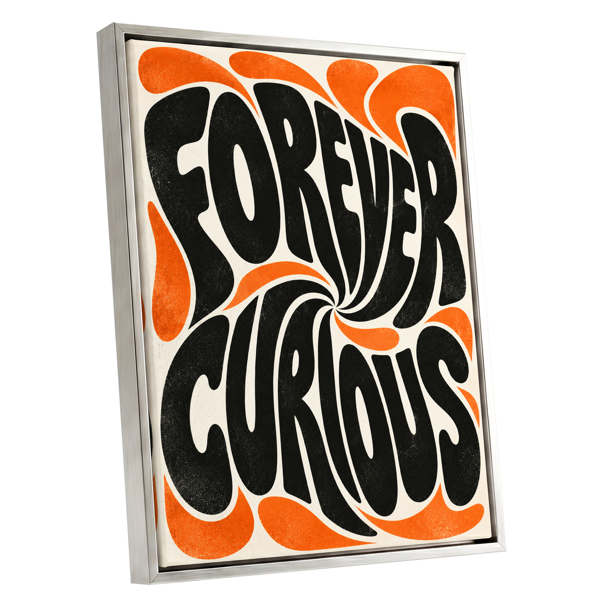 Forever Curious Swirl, black, orange, beige abstract wall art shown as a silver framed canvas wall art
