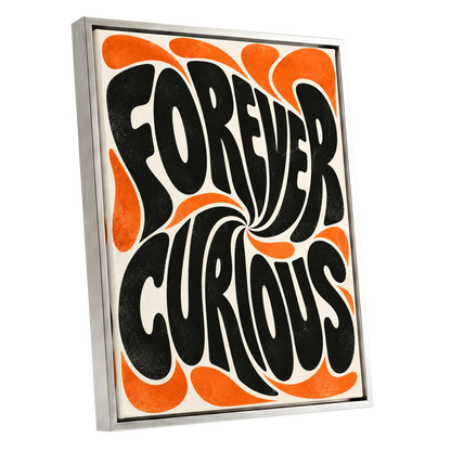 Forever Curious Swirl, black, orange, beige abstract wall art shown as a silver framed canvas wall art
