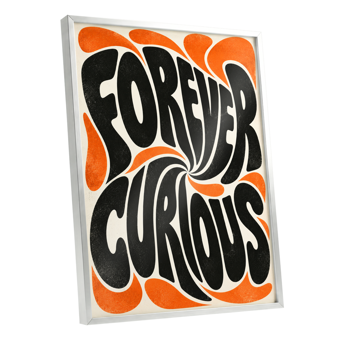 Forever Curious Swirl, black, orange, beige abstract wall art shown as a silver framed poster wall art print