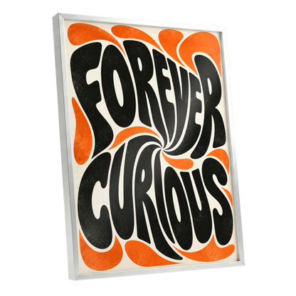 Forever Curious Swirl, black, orange, beige abstract wall art shown as a silver framed poster wall art print