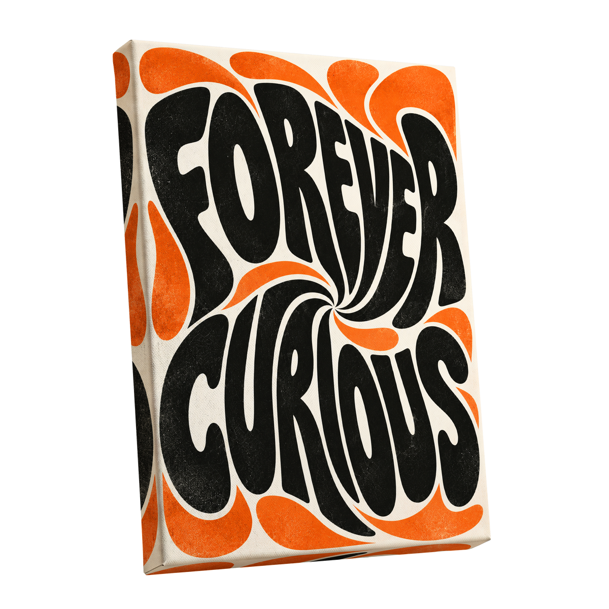 Forever Curious Swirl, black, orange, beige abstract wall art shown as a stretched canvas wall art