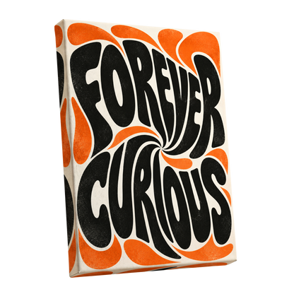 Forever Curious Swirl, black, orange, beige abstract wall art shown as a stretched canvas wall art