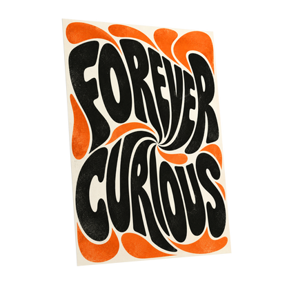 Forever Curious Swirl, black, orange, beige abstract wall art shown as a unframed poster wall art print