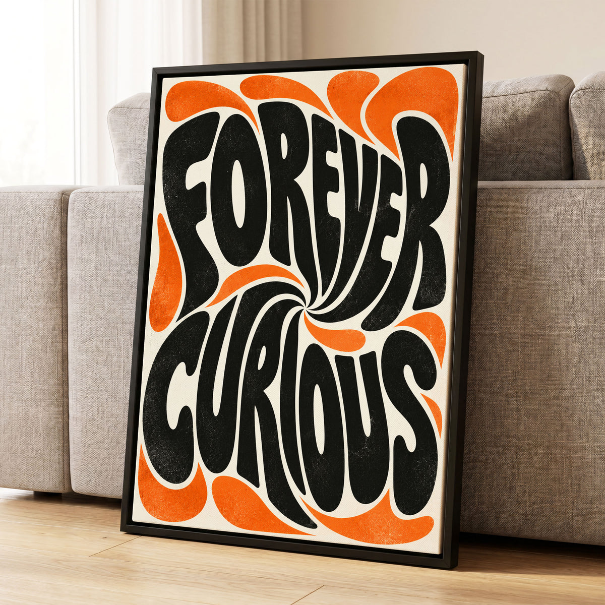 Forever Curious Swirl, black, orange, beige abstract wall art displayed in a styled interior, gallery view 1