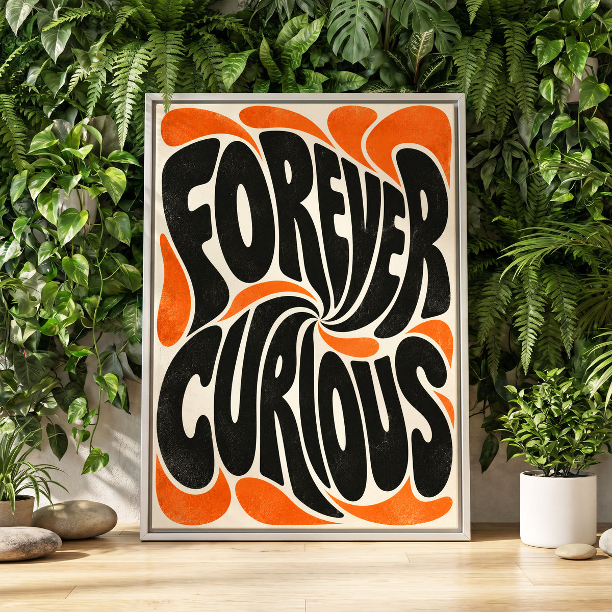 Forever Curious Swirl, black, orange, beige abstract wall art displayed in a styled interior, gallery view 2
