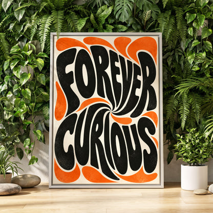 Forever Curious Swirl, black, orange, beige abstract wall art displayed in a styled interior, gallery view 2