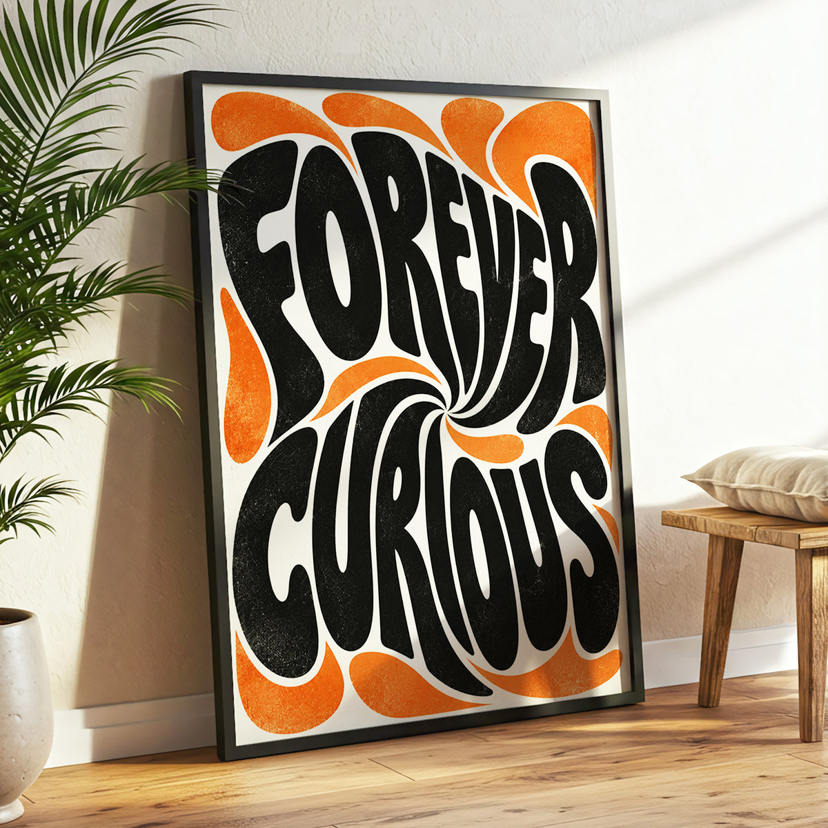 Forever Curious Swirl, black, orange, beige abstract wall art displayed in a styled interior, gallery view 3