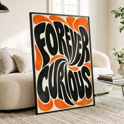 Forever Curious Swirl, black, orange, beige abstract wall art displayed in a styled interior, gallery view 4