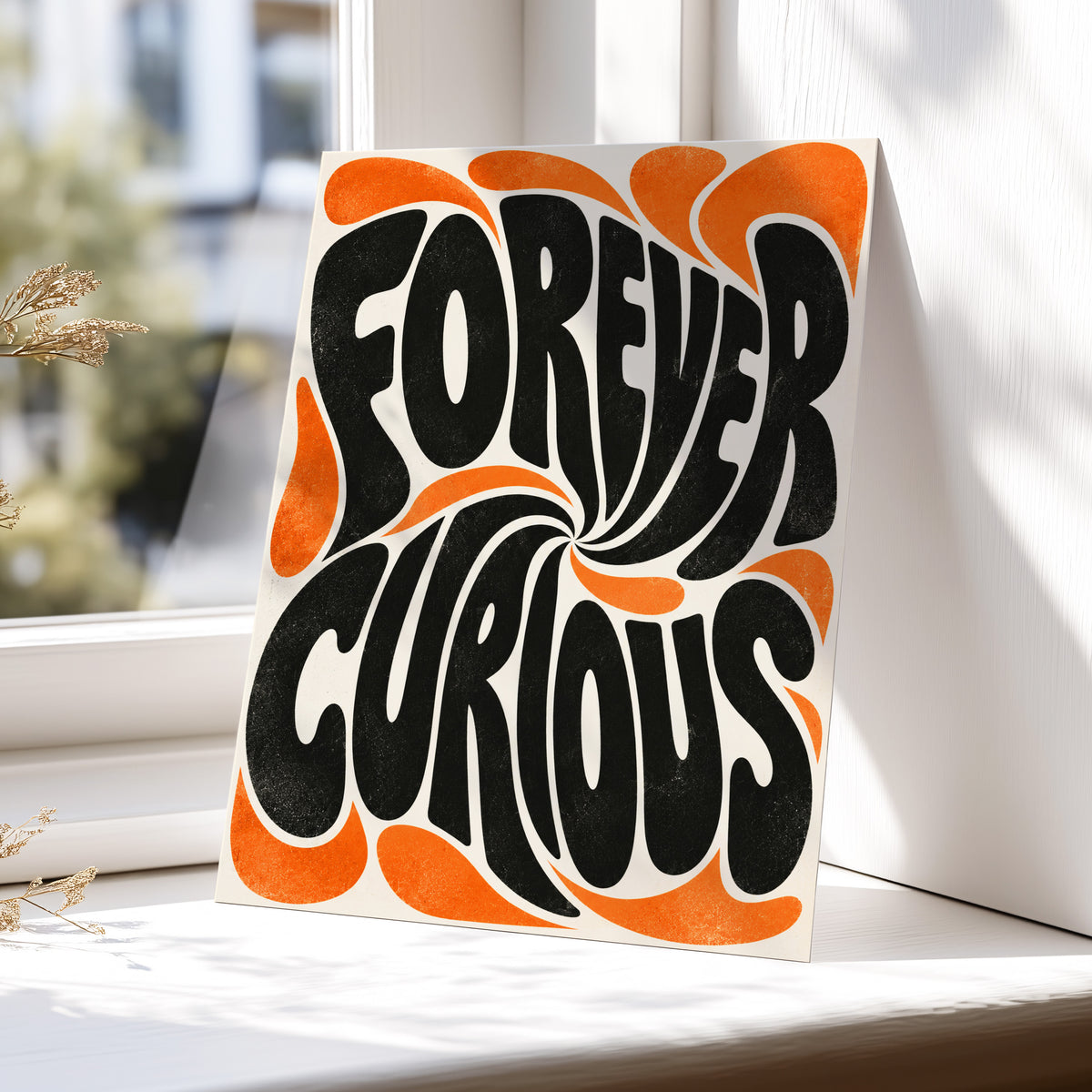 Forever Curious Swirl, black, orange, beige abstract wall art displayed in a styled interior, gallery view 5