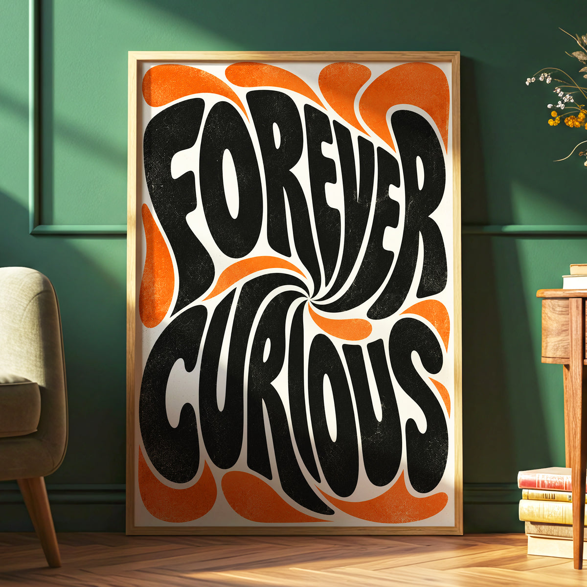 Forever Curious Swirl, black, orange, beige abstract wall art displayed in a styled interior, gallery view 6