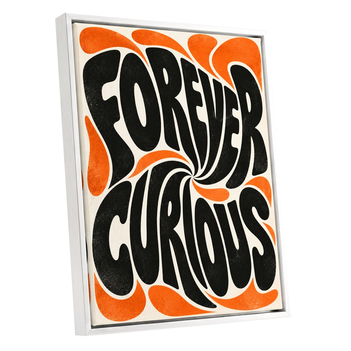 Forever Curious Swirl, black, orange, beige abstract wall art shown as a white framed canvas wall art