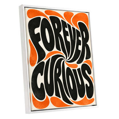 Forever Curious Swirl, black, orange, beige abstract wall art shown as a white framed canvas wall art