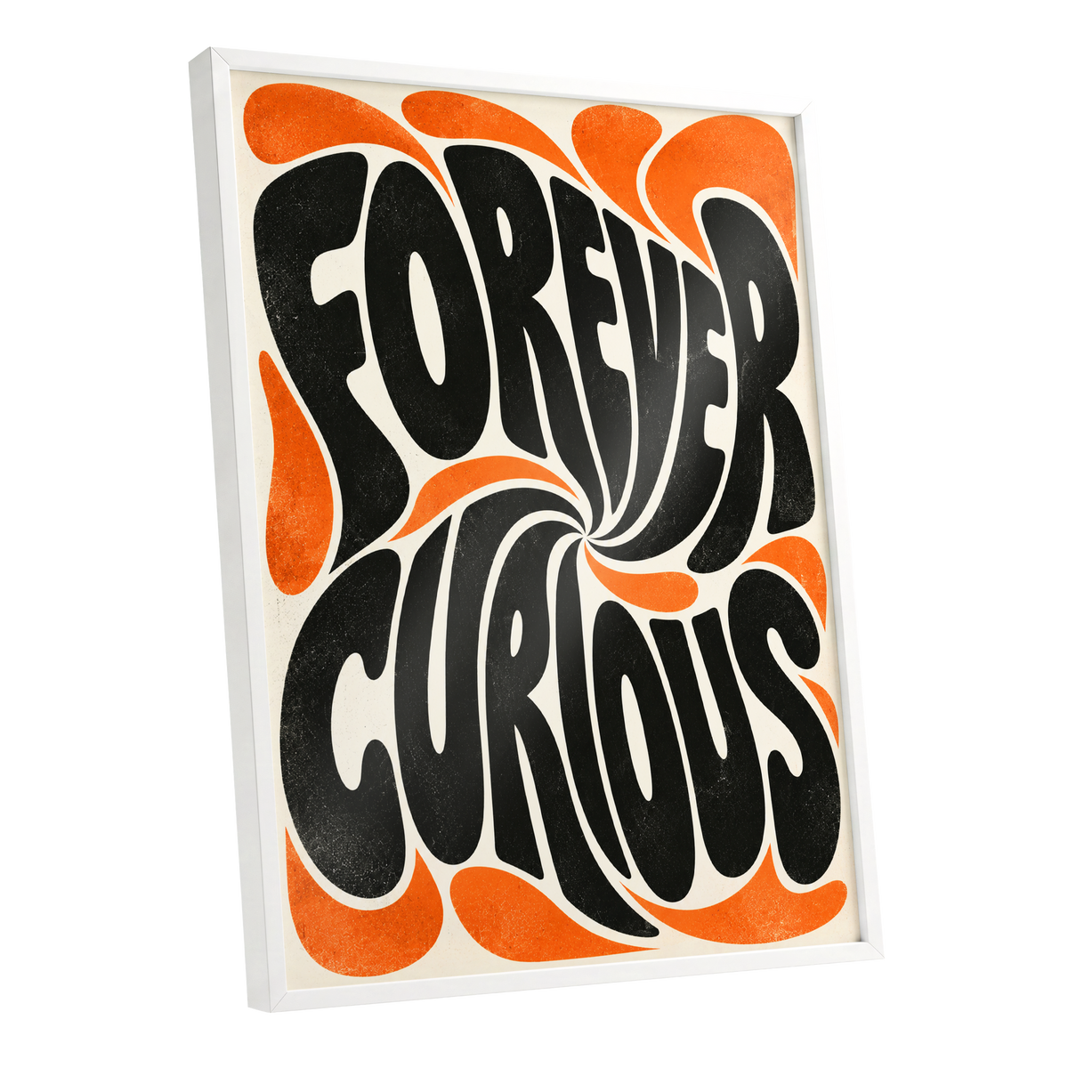 Forever Curious Swirl, black, orange, beige abstract wall art shown as a white framed poster wall art print