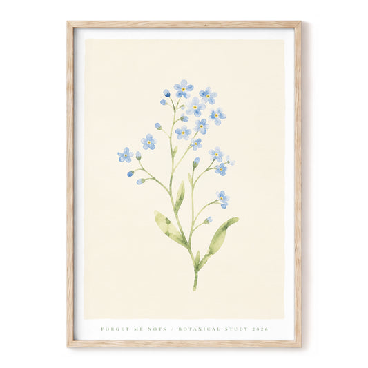 Forget-Me-Not Reverie, blue, green, beige floral wall art, front artwork view