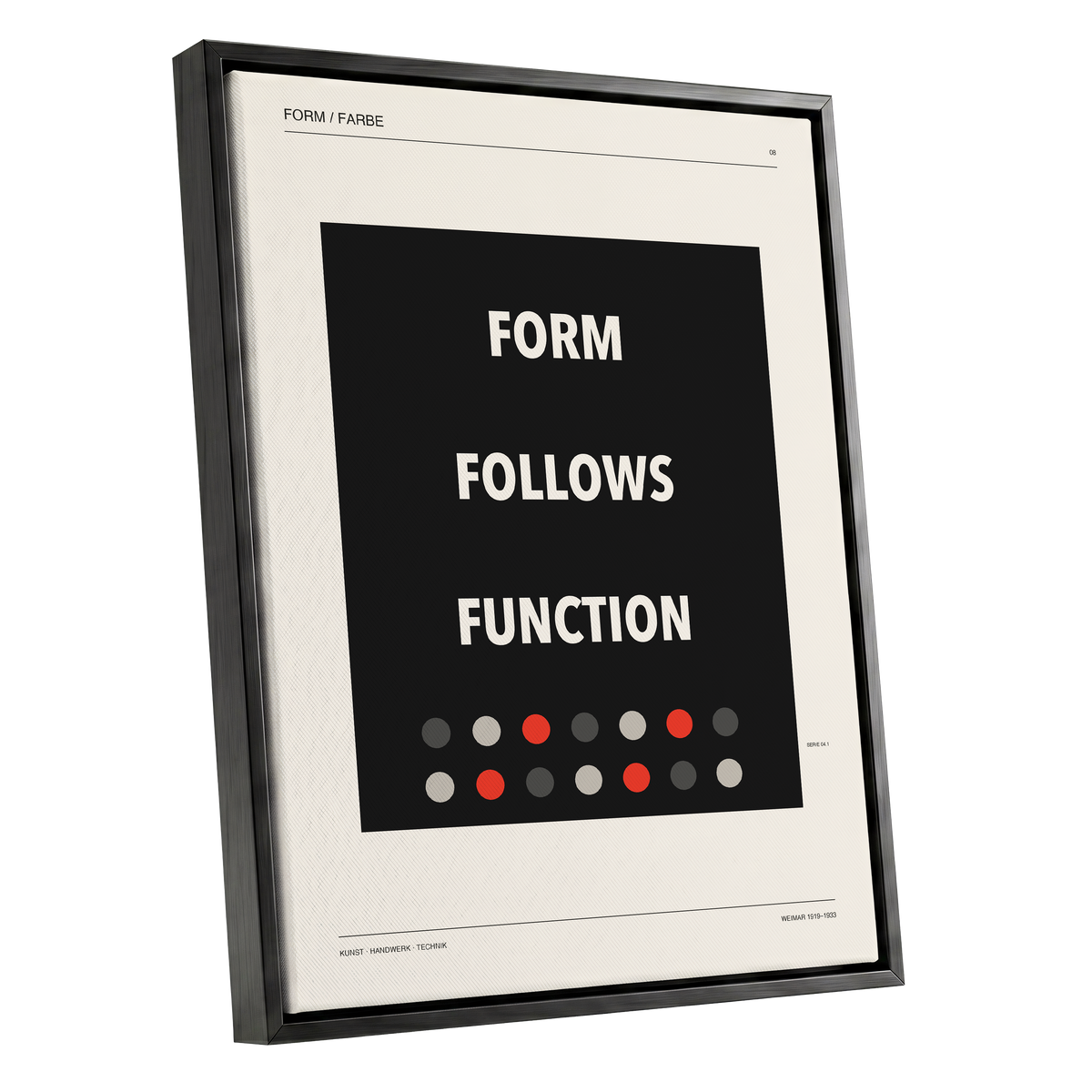 Form Follows Function, black, beige, red minimalist wall art shown as a black framed canvas wall art