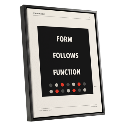 Form Follows Function, black, beige, red minimalist wall art shown as a black framed canvas wall art