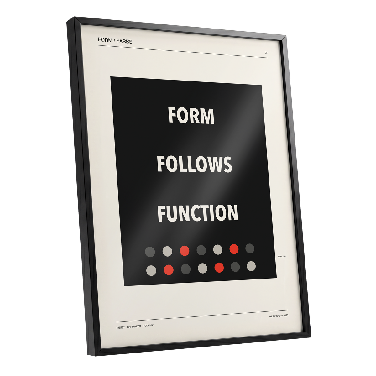 Form Follows Function, black, beige, red minimalist wall art shown as a black framed poster wall art print