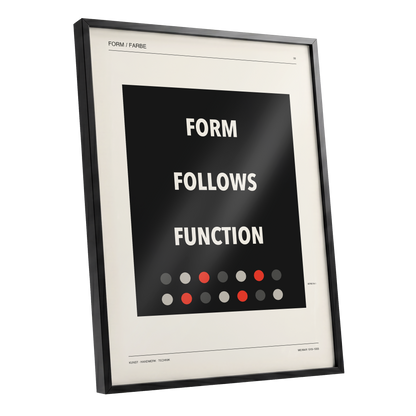 Form Follows Function, black, beige, red minimalist wall art shown as a black framed poster wall art print