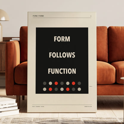 Form Follows Function, black, beige, red minimalist wall art on canvas displayed in a styled interior, gallery view 1