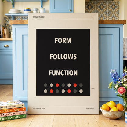 Form Follows Function, black, beige, red minimalist wall art on canvas displayed in a styled interior, gallery view 2
