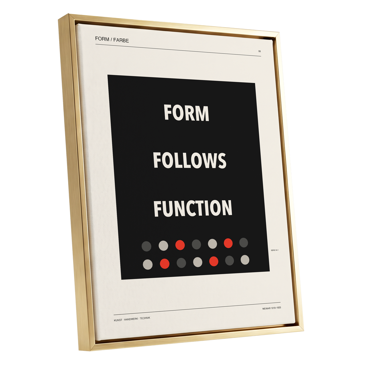 Form Follows Function, black, beige, red minimalist wall art shown as a gold framed canvas wall art