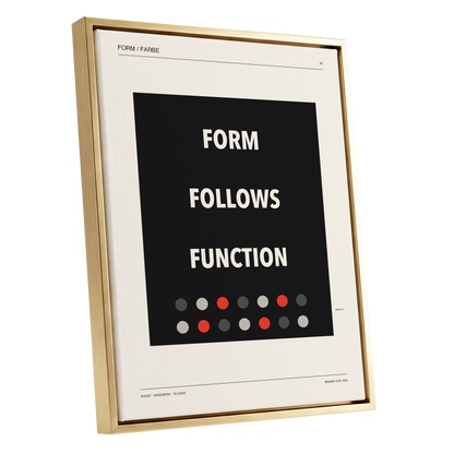 Form Follows Function, black, beige, red minimalist wall art shown as a gold framed canvas wall art