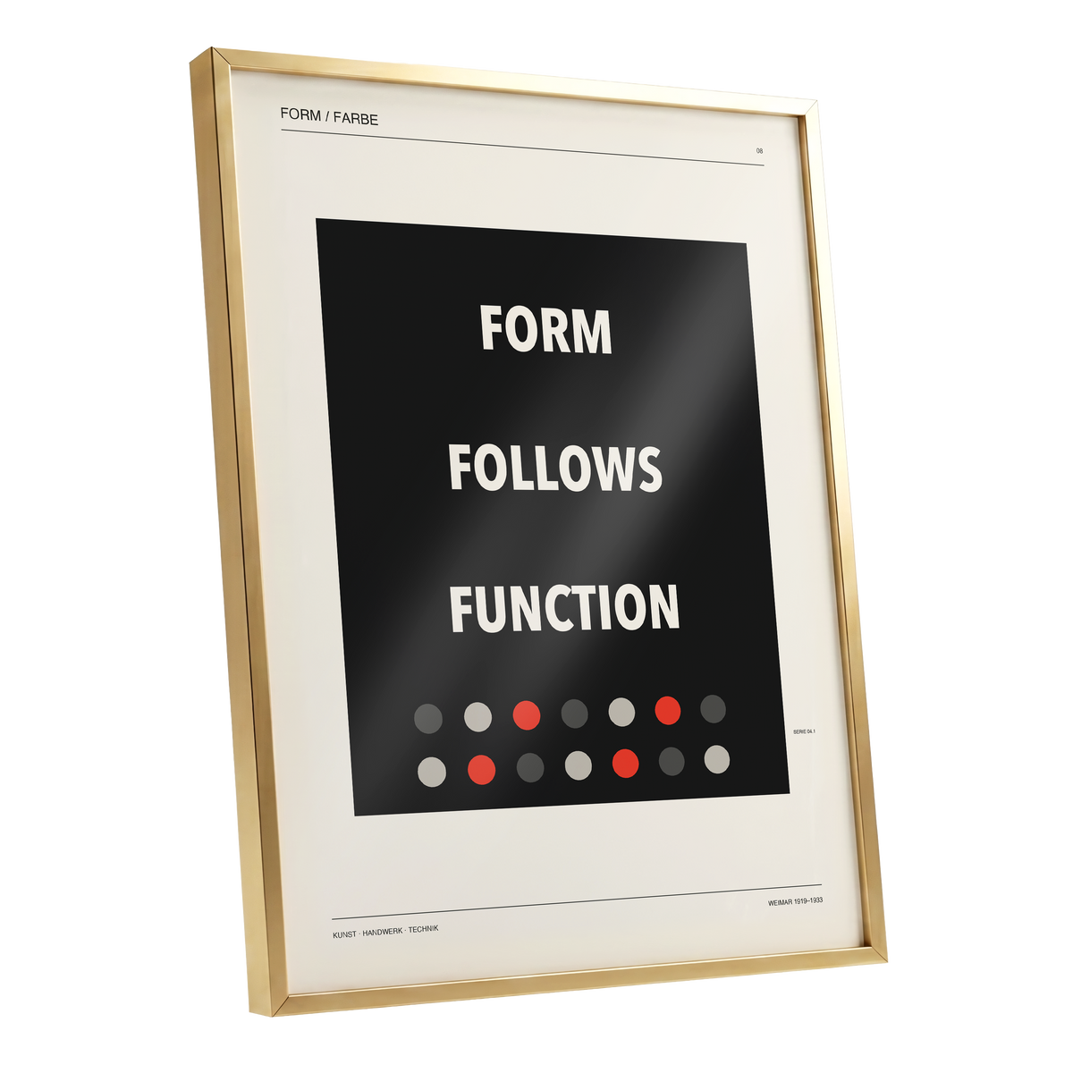 Form Follows Function, black, beige, red minimalist wall art shown as a gold framed poster wall art print