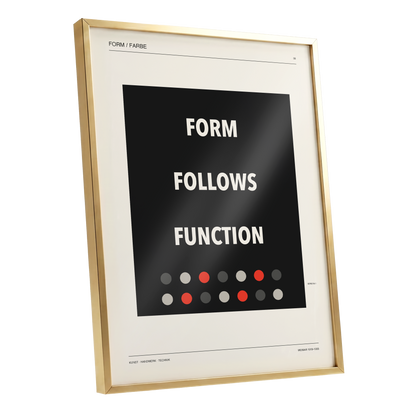 Form Follows Function, black, beige, red minimalist wall art shown as a gold framed poster wall art print