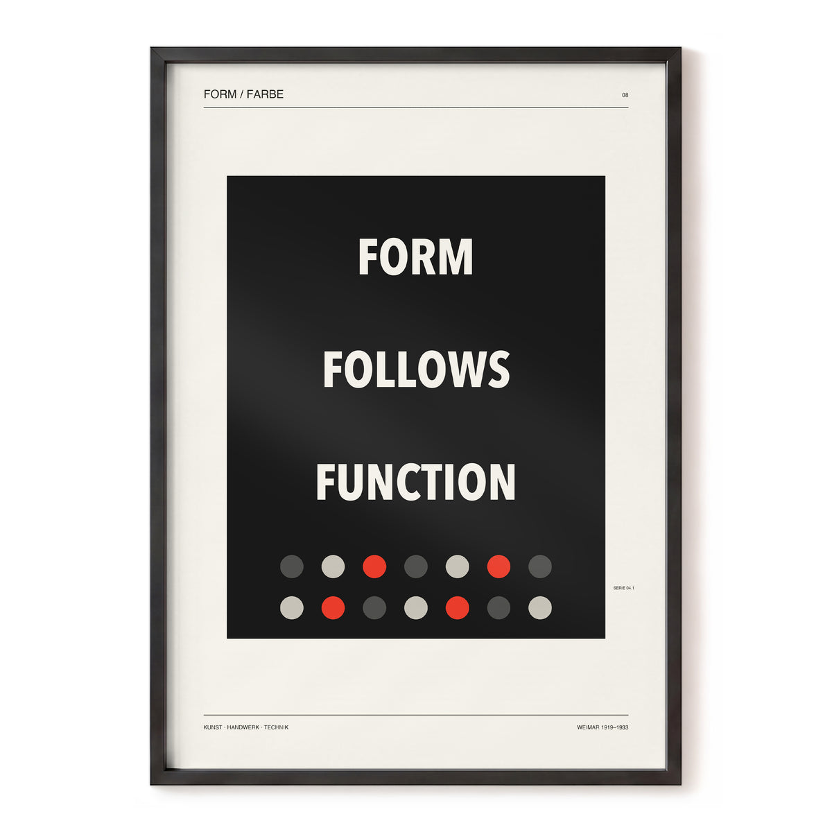 Form Follows Function, black, beige, red minimalist wall art, front artwork view