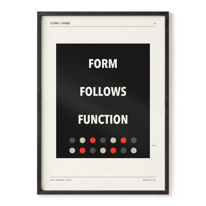 Form Follows Function, black, beige, red minimalist wall art, front artwork view