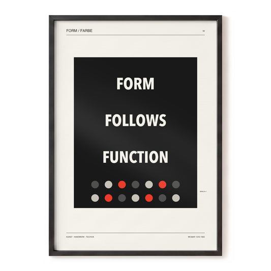 Form Follows Function, black, beige, red minimalist wall art, front artwork view