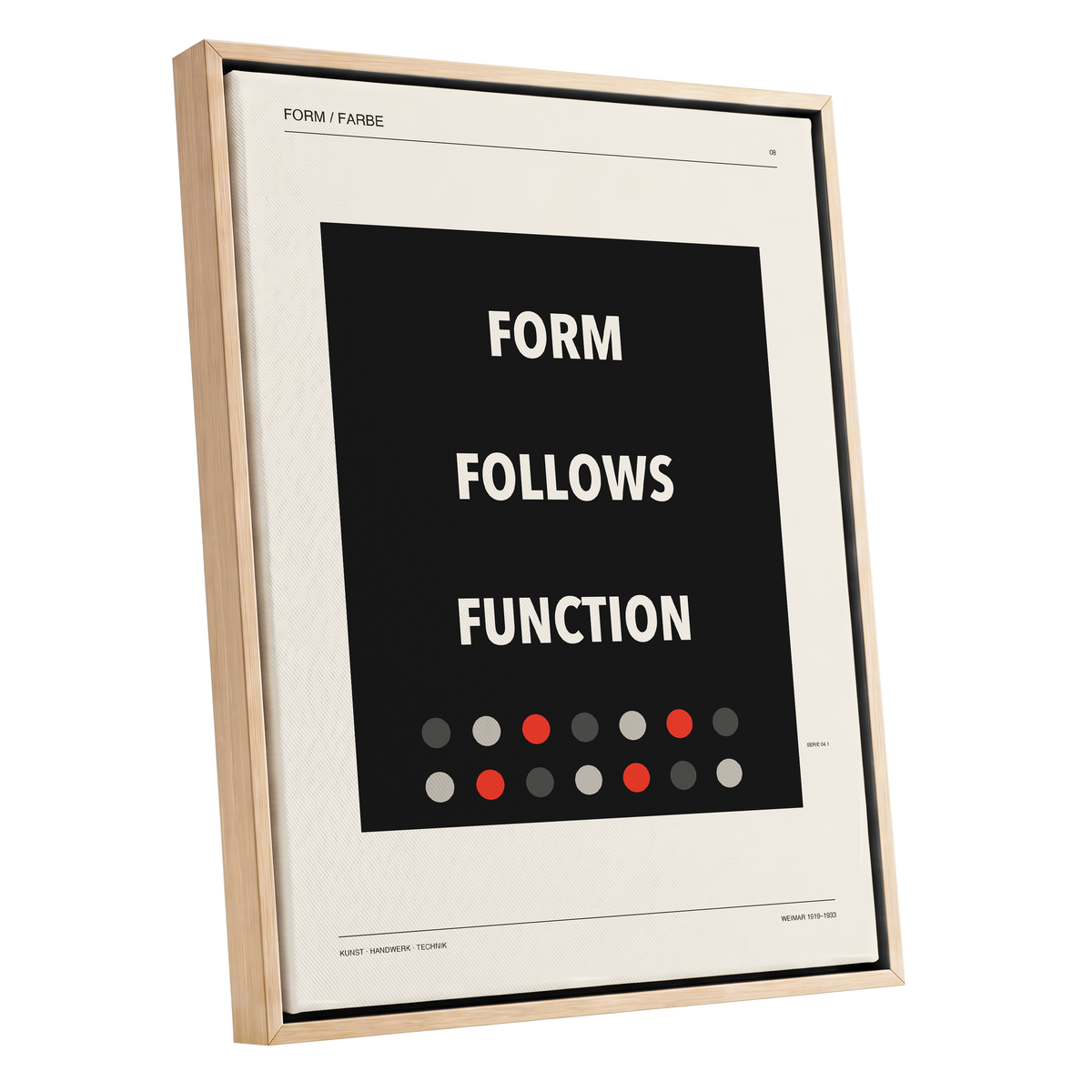 Form Follows Function, black, beige, red minimalist wall art shown as a oak framed canvas wall art