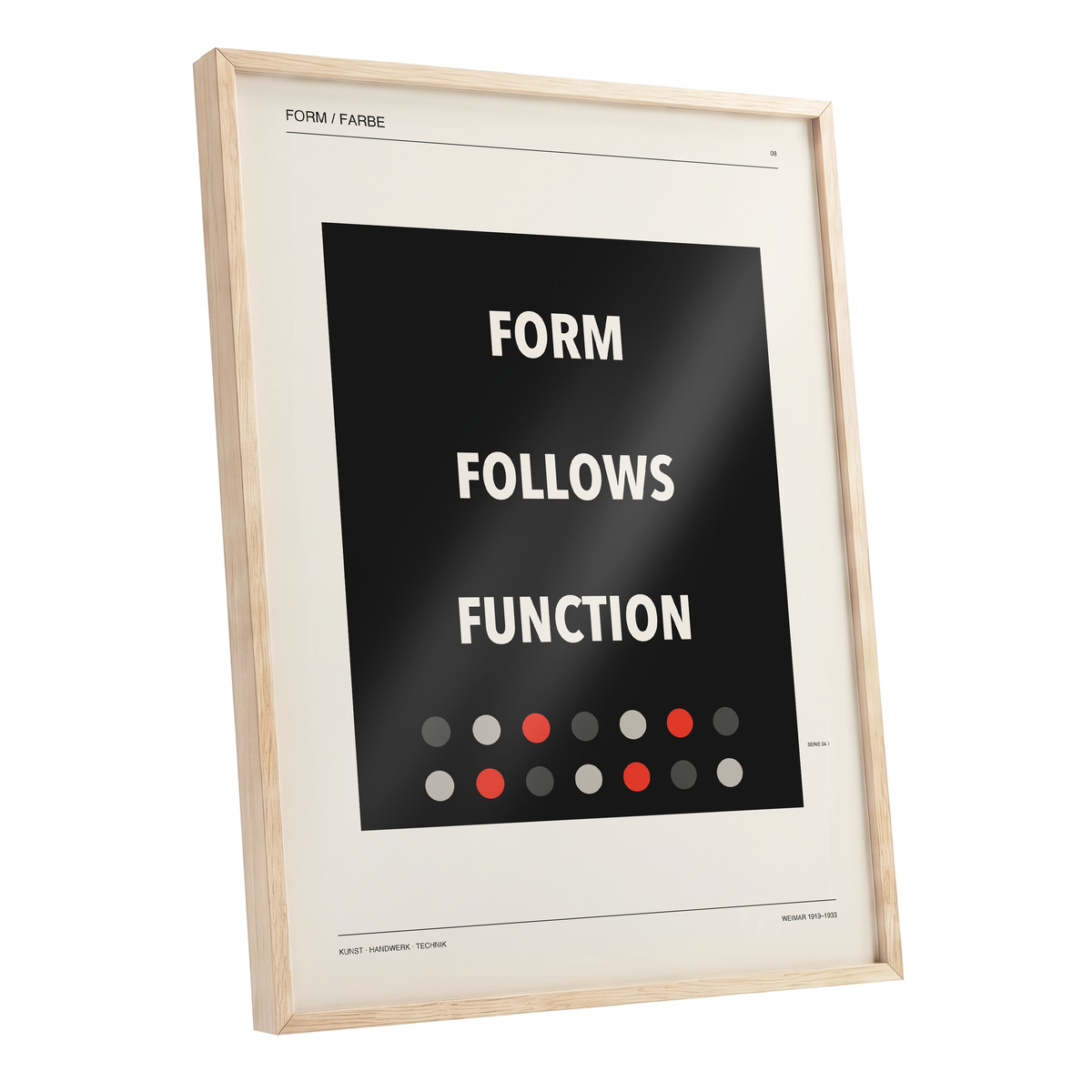 Form Follows Function, black, beige, red minimalist wall art shown as a oak framed poster wall art print