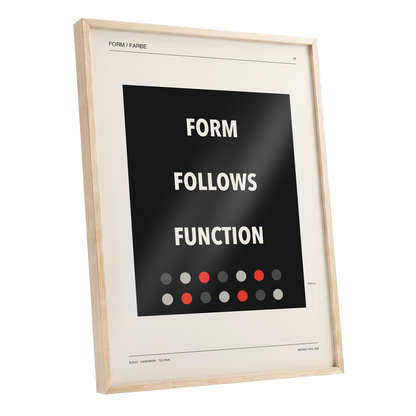 Form Follows Function, black, beige, red minimalist wall art shown as a oak framed poster wall art print