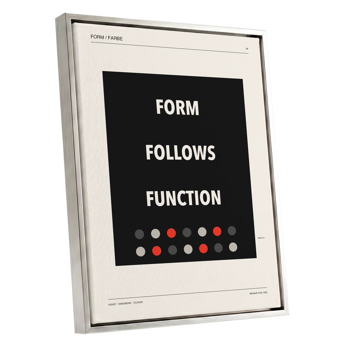 Form Follows Function, black, beige, red minimalist wall art shown as a silver framed canvas wall art