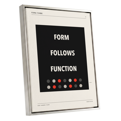 Form Follows Function, black, beige, red minimalist wall art shown as a silver framed canvas wall art
