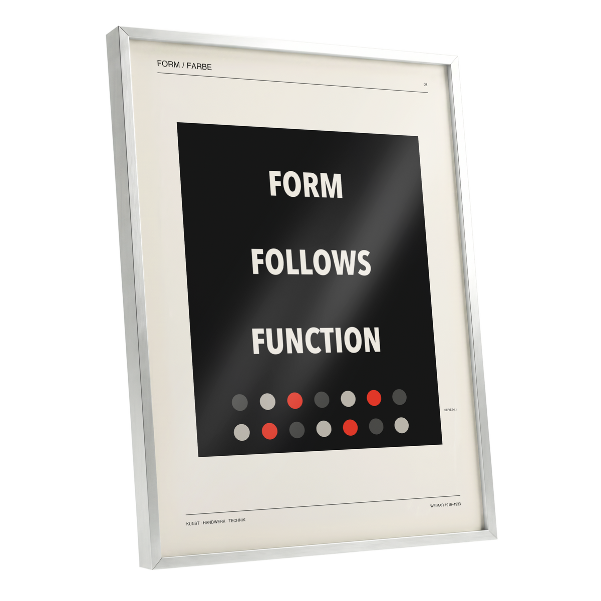 Form Follows Function, black, beige, red minimalist wall art shown as a silver framed poster wall art print