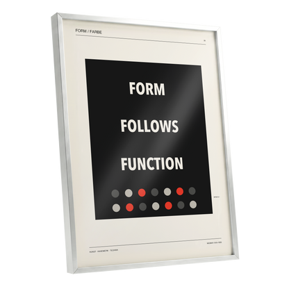 Form Follows Function, black, beige, red minimalist wall art shown as a silver framed poster wall art print