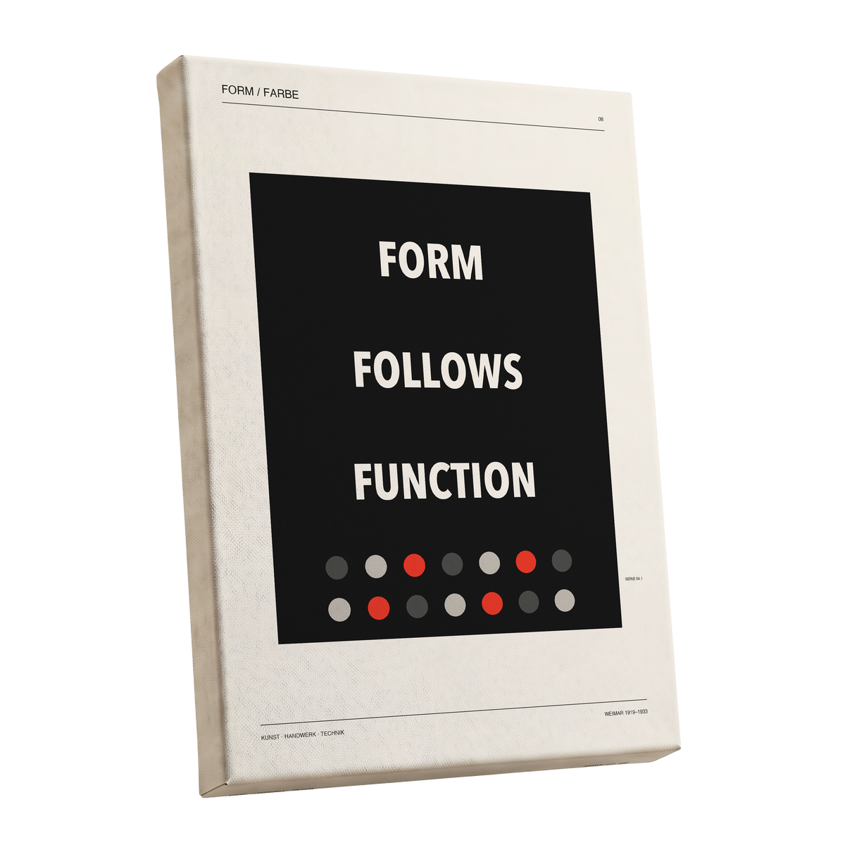 Form Follows Function, black, beige, red minimalist wall art shown as a stretched canvas wall art