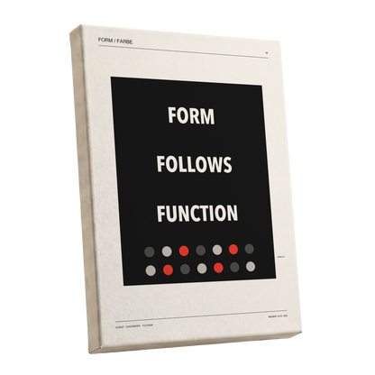 Form Follows Function, black, beige, red minimalist wall art shown as a stretched canvas wall art