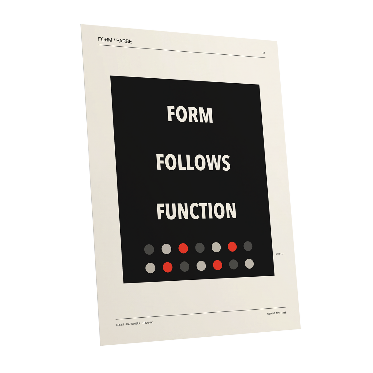 Form Follows Function, black, beige, red minimalist wall art shown as a unframed poster wall art print