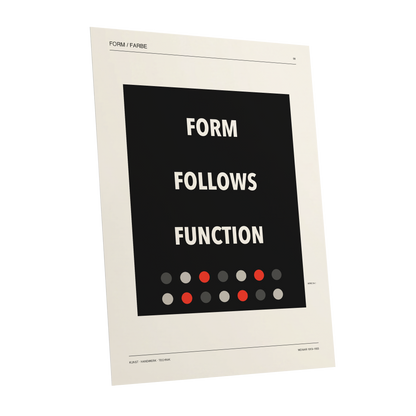 Form Follows Function, black, beige, red minimalist wall art shown as a unframed poster wall art print